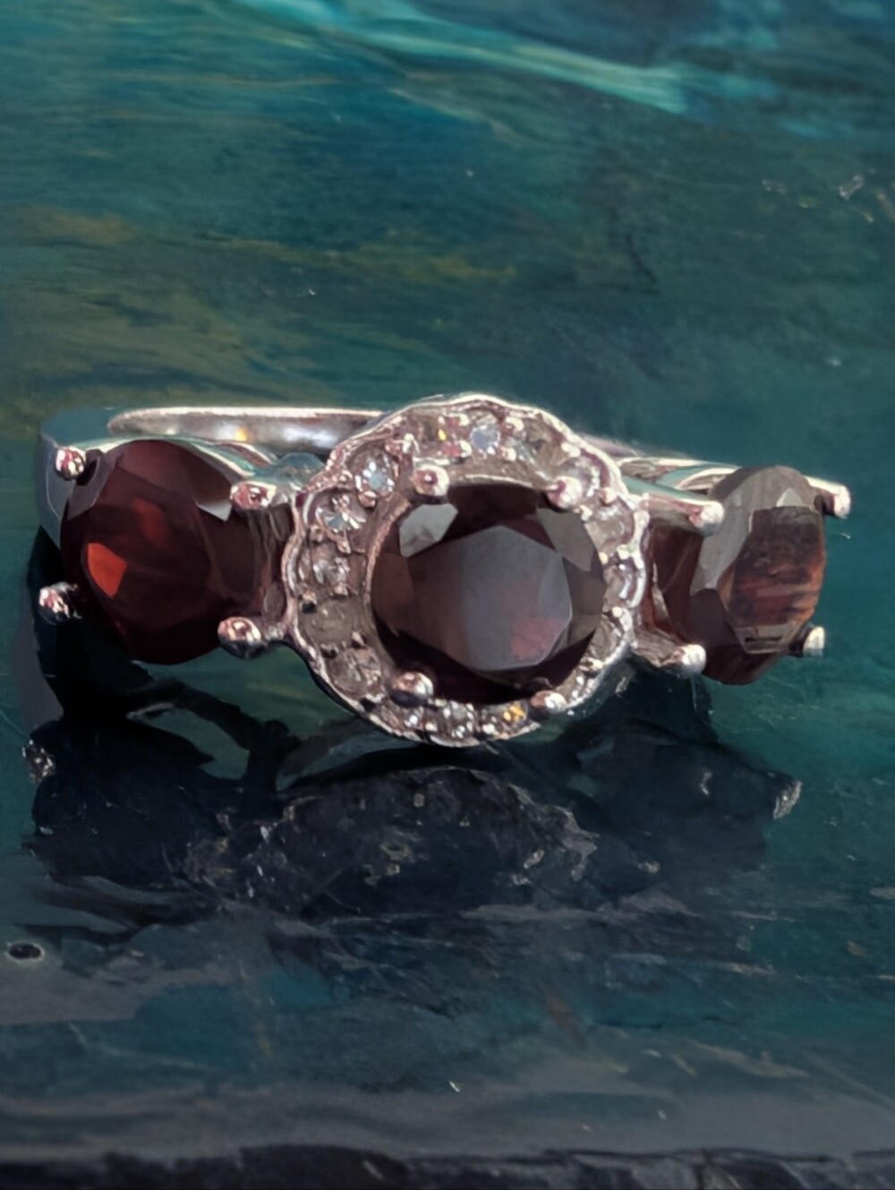 Sterling Silver Genuine Garnet Three-Stone Ring with Accent CZ Size 6